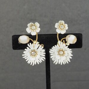 Coro Earrings Clip On White Daisy Flower Gold Tone Rhinestone Dangle Vintage